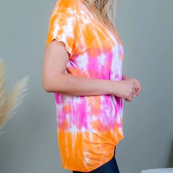 ALLIE & ROB Summer Top Tie Knot Hem Short Sleeve Orange Pink - Picture 3 of 4